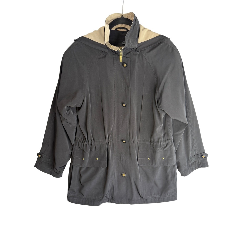 Vintage 90s Parka Jacket Womens S Black Hooded Herringbone Removable Liner Chic